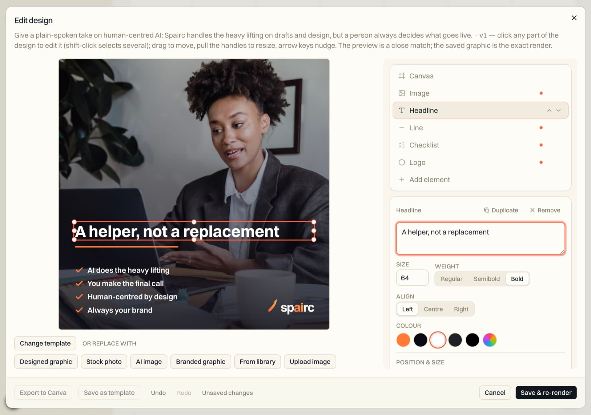 The spairc design editor with the headline selected on a post graphic: edit the text, size, weight and colour, with layers for image, checklist and logo