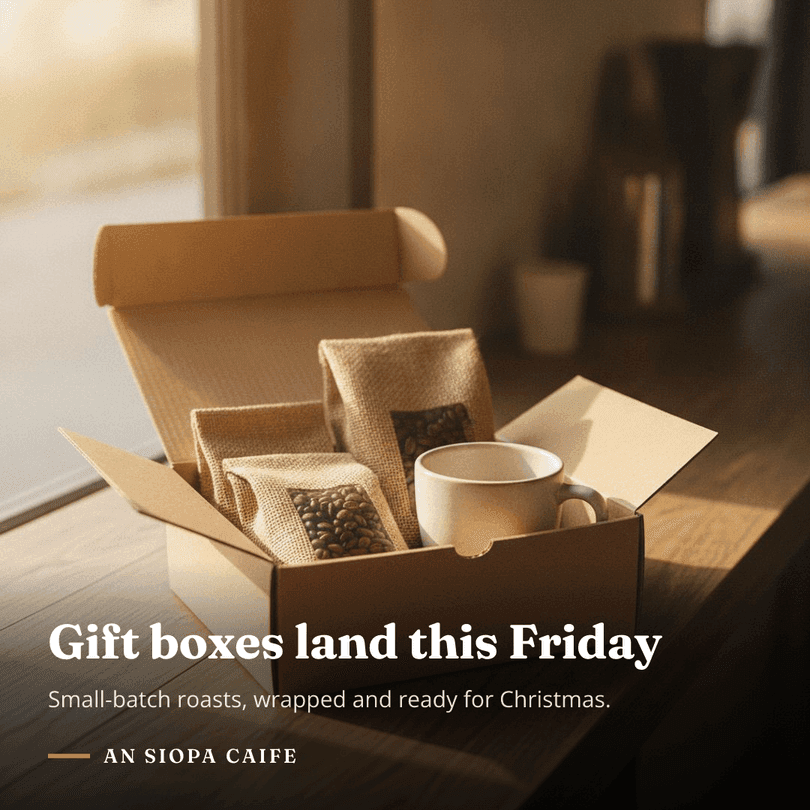 Product post for a coffee shop: photo of a gift box with the shop's own logo, colours and type